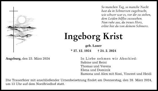 Traueranzeige von Ingeborg Krist von Augsburger Allgemeine