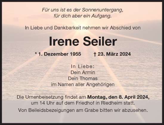 Traueranzeige von Irene Seiler von Günzburger Zeitung