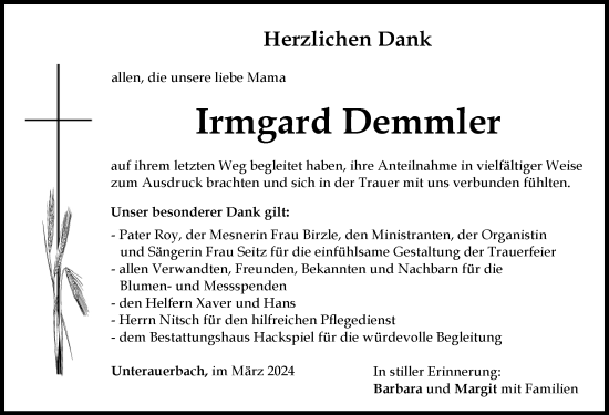 Traueranzeige von Irmgard Demmler von Mindelheimer Zeitung