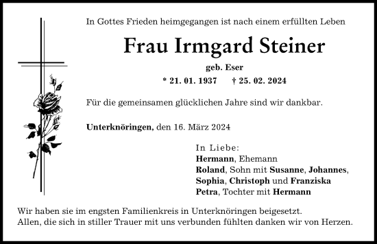 Traueranzeige von Irmgard Steiner von Günzburger Zeitung