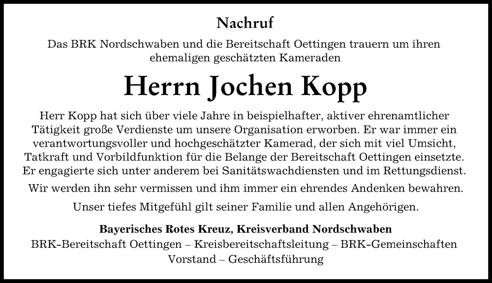  Traueranzeige für Jochen Kopp vom 16.03.2024 aus Donauwörther Zeitung, Rieser Nachrichten