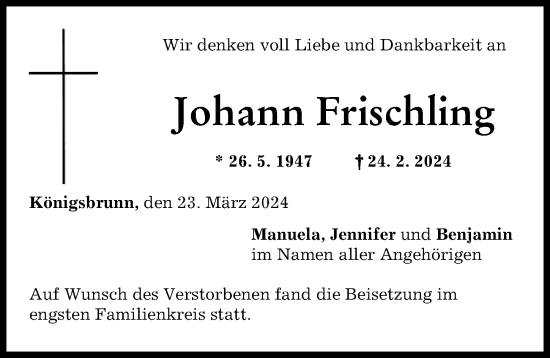 Traueranzeige von Johann Frischling von Schwabmünchner Allgemeine