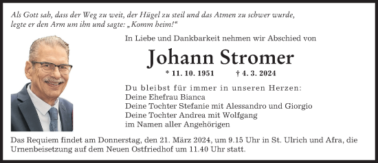 Traueranzeige von Johann Stromer von Augsburger Allgemeine