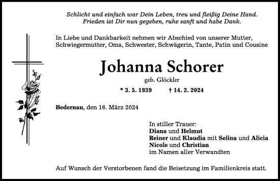 Traueranzeige von Johanna Schorer von Mindelheimer Zeitung