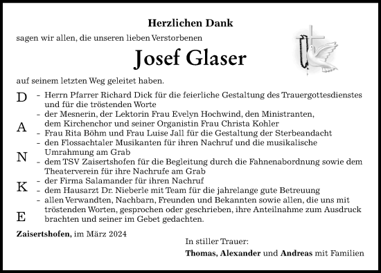 Traueranzeige von Josef Glaser von Mindelheimer Zeitung