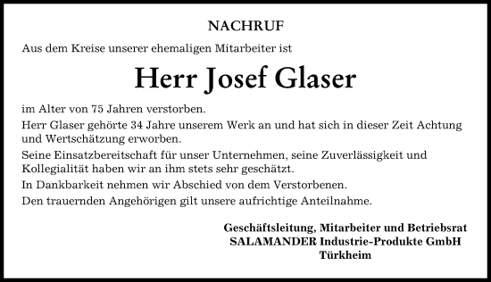 Traueranzeige von Josef Glaser von Mindelheimer Zeitung