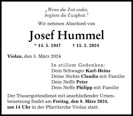 Traueranzeige von Josef Hummel von Augsburg-Land