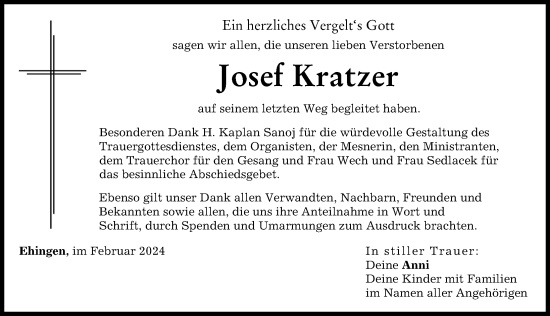 Traueranzeige von Josef Kratzer von Augsburg-Land