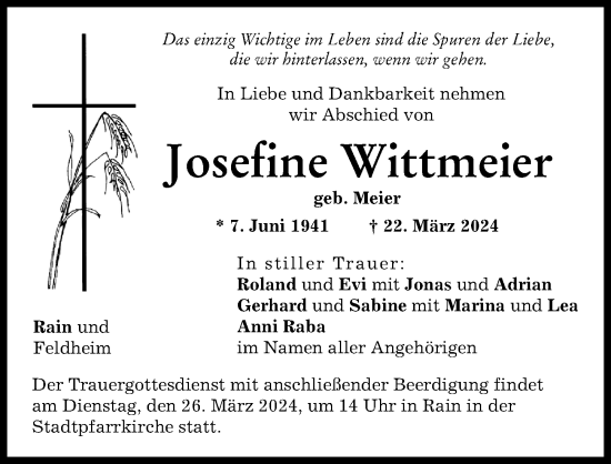 Traueranzeige von Josefine Wittmeier von Aichacher Nachrichten