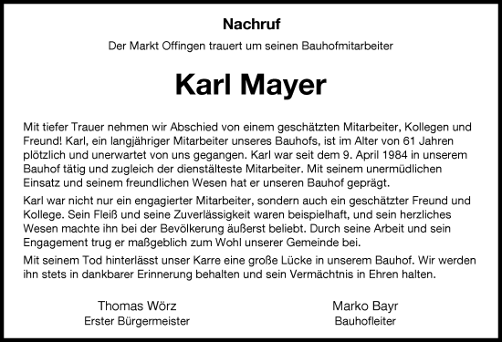 Traueranzeige von Karl Mayer von Günzburger Zeitung