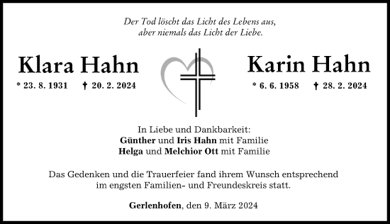 Traueranzeige von Klara Hahn von Neu-Ulmer Zeitung