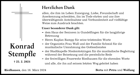 Traueranzeige von Konrad Stempfle von Günzburger Zeitung