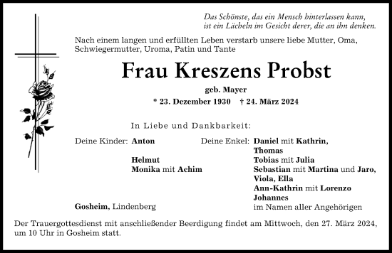 Traueranzeige von Kreszens Probst von Donauwörther Zeitung