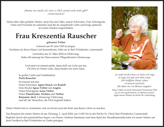 Traueranzeige von Kreszentia Rauscher von Mindelheimer Zeitung