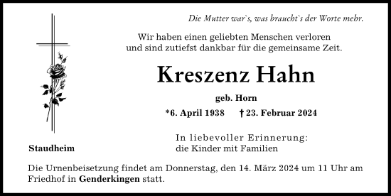 Traueranzeige von Kreszenz Hahn von Donauwörther Zeitung
