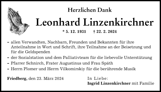 Traueranzeige von Leonhard Linzenkirchner von Friedberger Allgemeine
