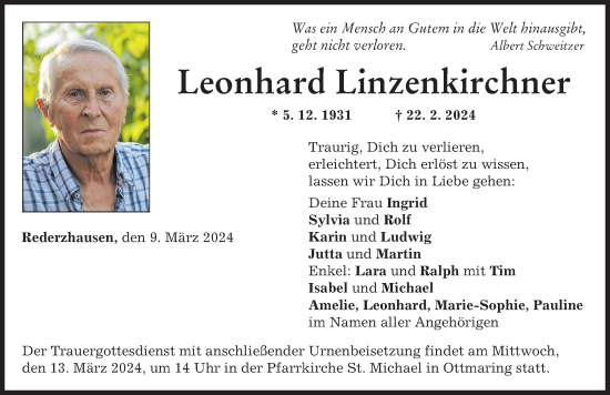 Traueranzeige von Leonhard Linzenkirchner von Friedberger Allgemeine