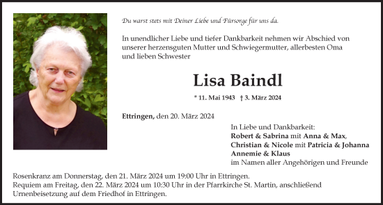 Traueranzeige von Lisa Baindl von Mindelheimer Zeitung