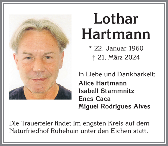 Traueranzeige von Lothar Hartmann von Mindelheimer Zeitung