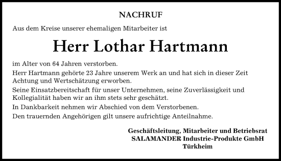 Traueranzeige von Lothar Hartmann von Mindelheimer Zeitung