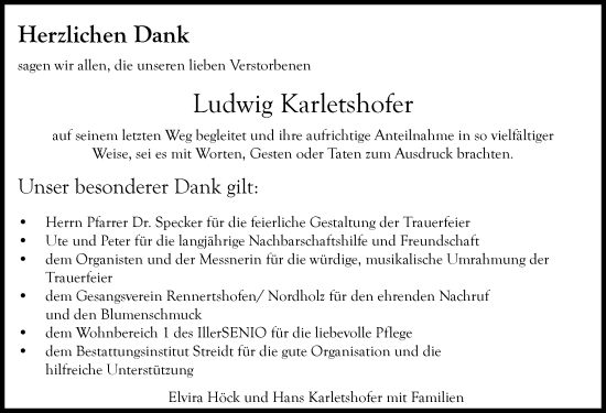 Traueranzeige von Ludwig Karletshofer von Illertisser Zeitung