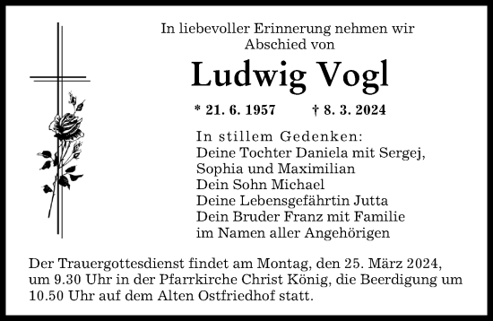 Traueranzeige von Ludwig Vogl von Augsburger Allgemeine