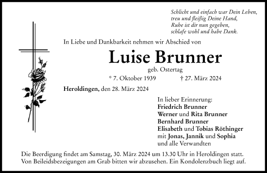 Traueranzeige von Luise Brunner von Donauwörther Zeitung, Rieser Nachrichten