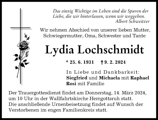 Traueranzeige von Lydia Lochschmidt von Friedberger Allgemeine