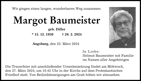 Traueranzeige von Margot Baumeister von Augsburger Allgemeine