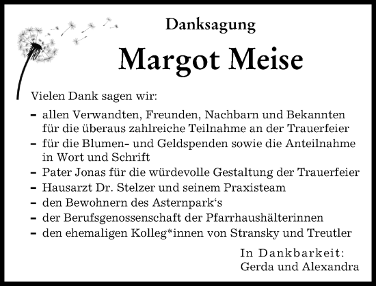 Traueranzeige von Margot Meise von Augsburger Allgemeine