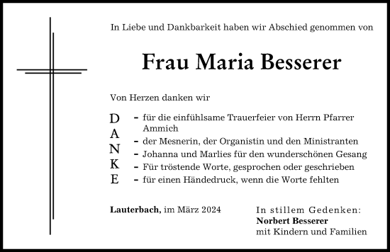 Traueranzeige von Maria Besserer von Wertinger Zeitung
