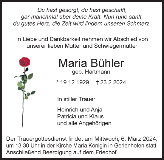 Traueranzeige von Maria Bühler von Augsburger Allgemeine, Neu-Ulmer Zeitung