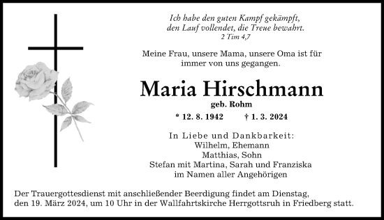 Traueranzeige von Maria Hirschmann von Augsburger Allgemeine