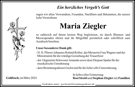 Traueranzeige von Maria Ziegler von Günzburger Zeitung