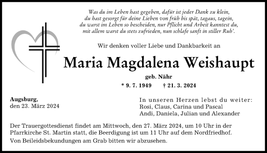 Traueranzeige von Maria Magdalena Weishaupt von Augsburger Allgemeine