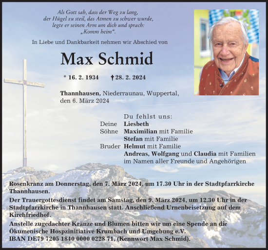 Traueranzeige von Max Schmid von Mittelschwäbische Nachrichten
