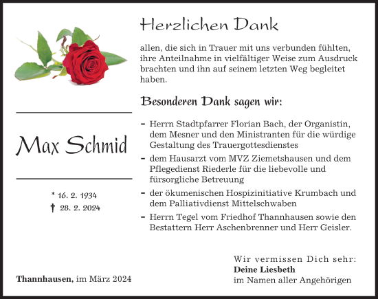 Traueranzeige von Max Schmid von Mittelschwäbische Nachrichten