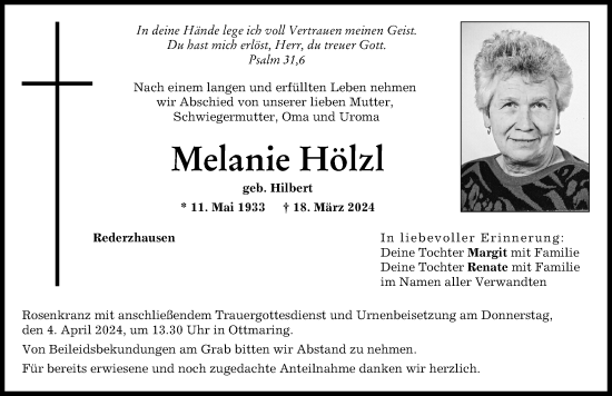 Traueranzeige von Melanie Hölzl von Friedberger Allgemeine