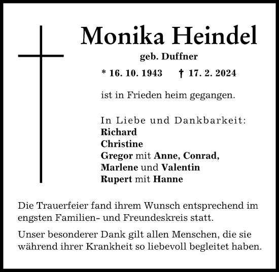 Traueranzeige von Monika Heindel von Günzburger Zeitung