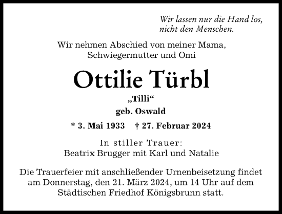Traueranzeige von Ottilie Türbl von Augsburger Allgemeine