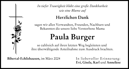 Traueranzeige von Paula Burger von Günzburger Zeitung
