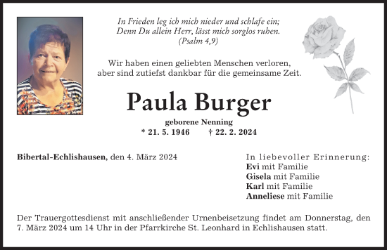 Traueranzeige von Paula Burger von Günzburger Zeitung