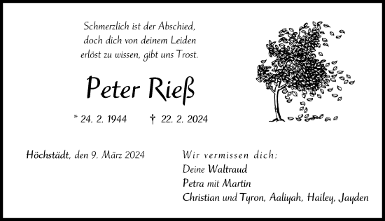 Traueranzeige von Peter Rieß von Wertinger Zeitung
