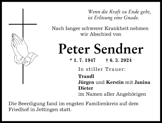 Traueranzeige von Peter Sendner von Günzburger Zeitung
