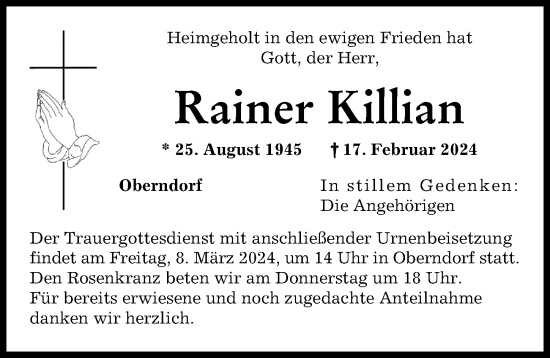 Traueranzeige von Rainer Killian von Donauwörther Zeitung