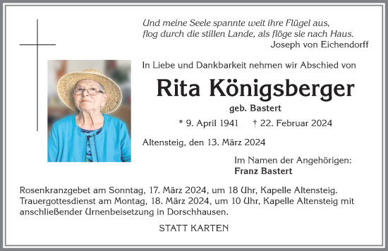 Traueranzeige von Rita Königsberger von Mindelheimer Zeitung