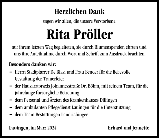 Traueranzeige von Rita Pröller von Donau Zeitung