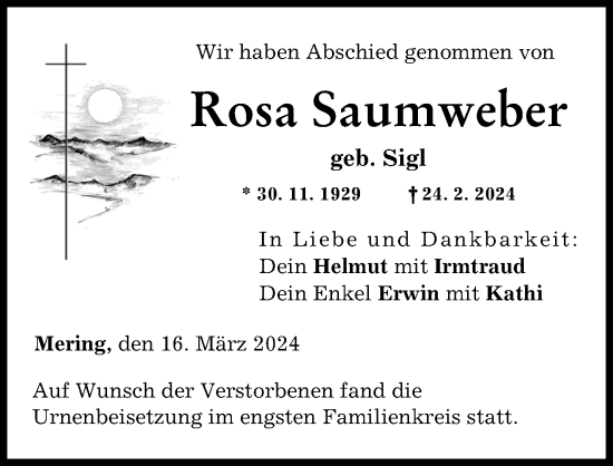 Traueranzeige von Rosa Saumweber von Friedberger Allgemeine