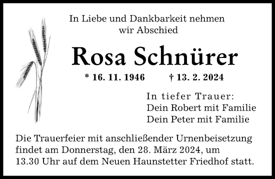 Traueranzeige von Rosa Schnürer von Augsburger Allgemeine