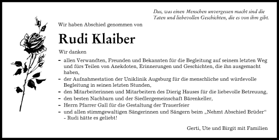 Traueranzeige von Rudi Klaiber von Augsburger Allgemeine